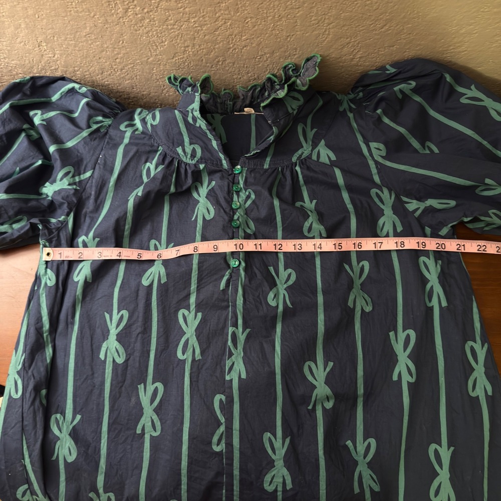 umgee navy blue green bow print tiered ruffle‎ dress size L - Picture 4 of 6